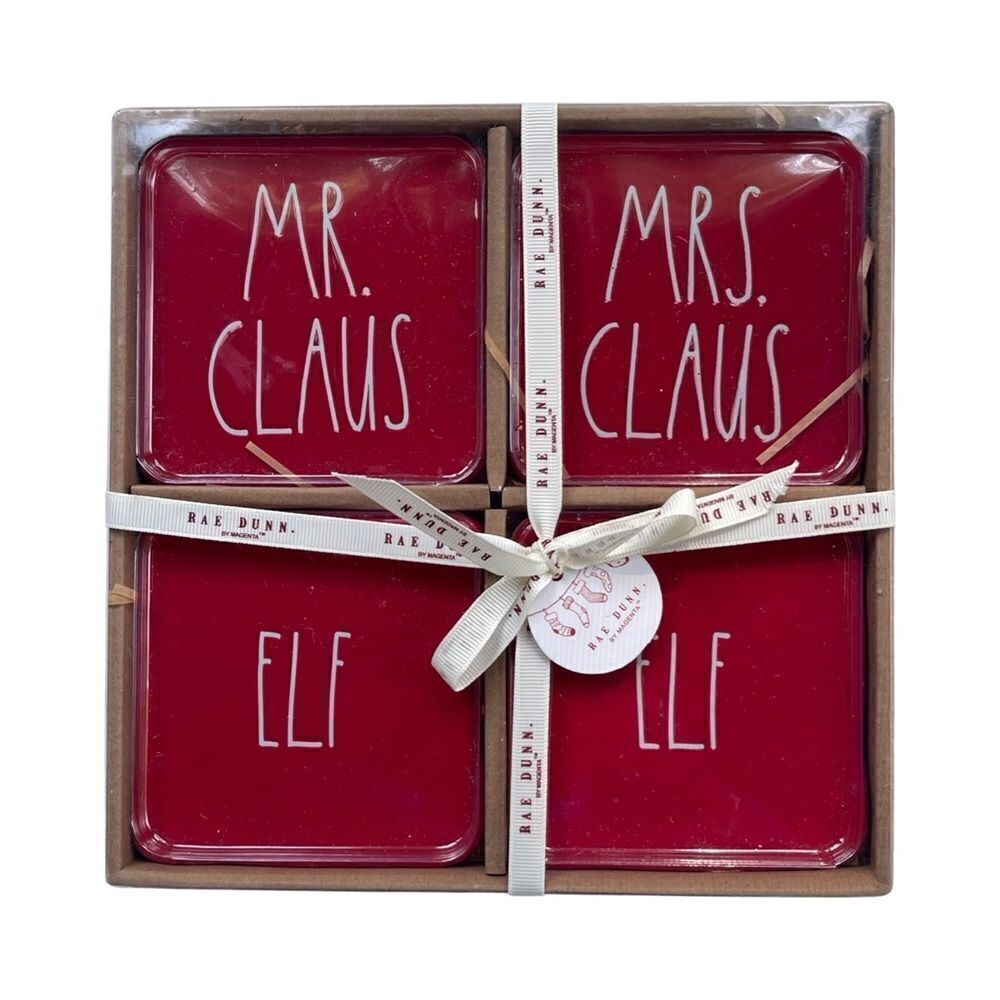 Rae Dunn by Magenta Set of 4 Ceramic Drink Coasters (Red/Mrs Claus/Elf) NWT